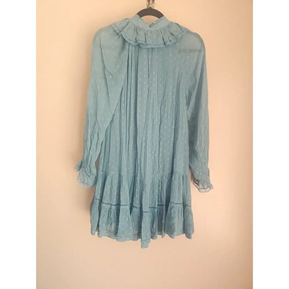 NWT By Anthropologie Long-Sleeve V-Neck Ruffled Tunic Dress Sz S TURQUOISE 9F410 - Picture 6 of 11